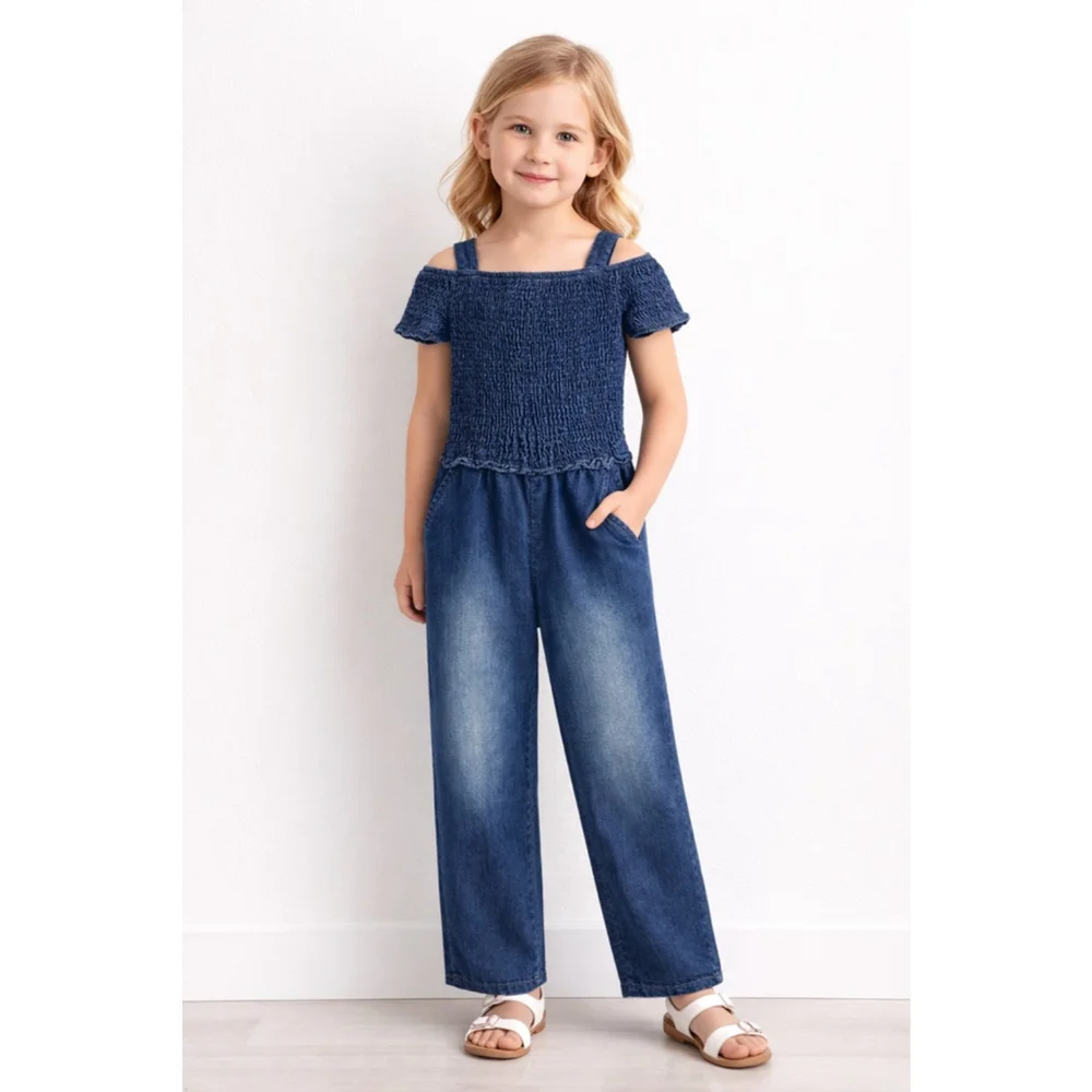 Chillipop Girls 4T Denim Jumpsuit 💙 Smocked Top Wide Leg Cute Outfit